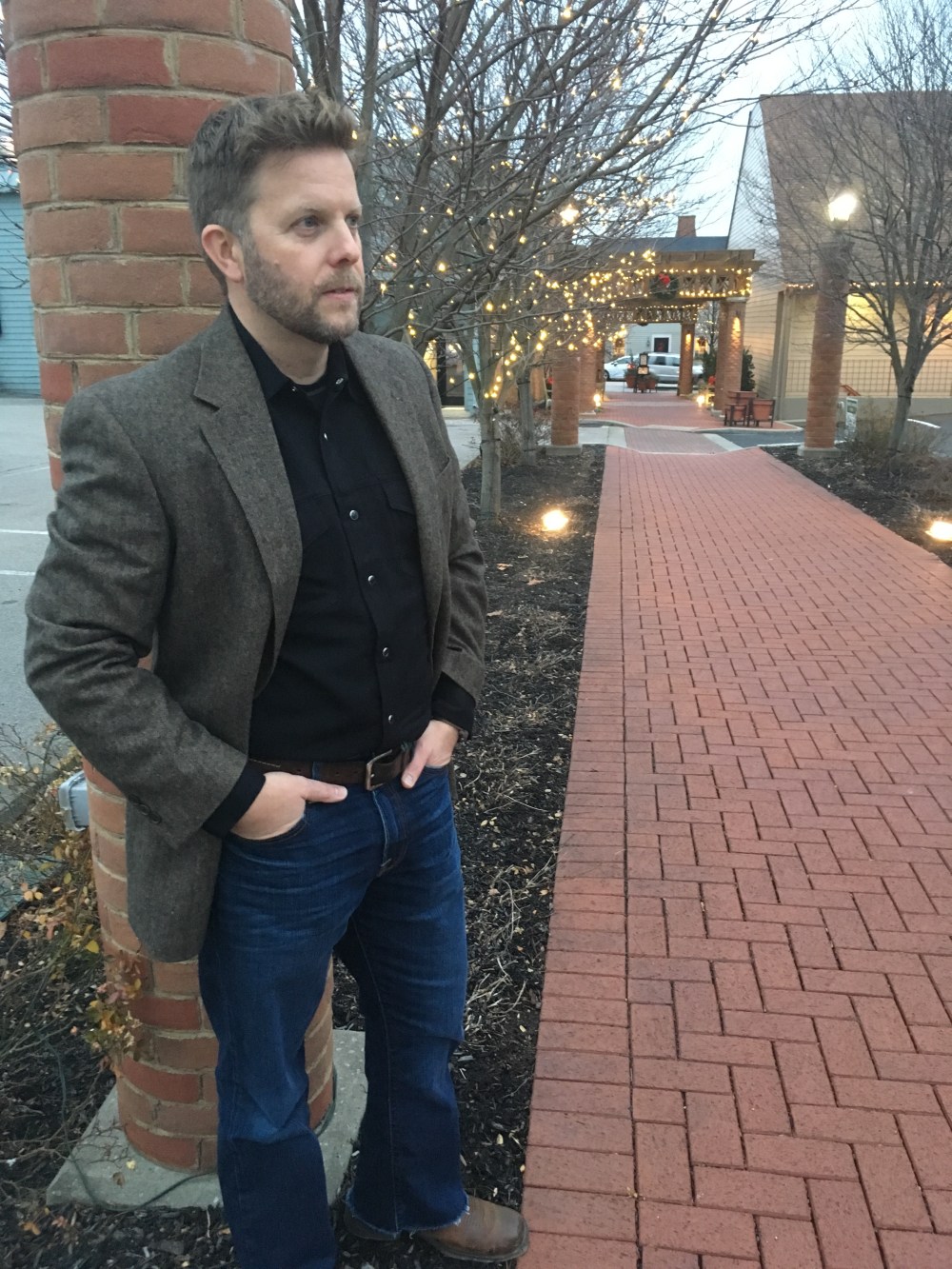 Snap Button Shirt Guy wearing Ramblers Way - Black Wool Western Gabardine Shirt - Long Sleeve